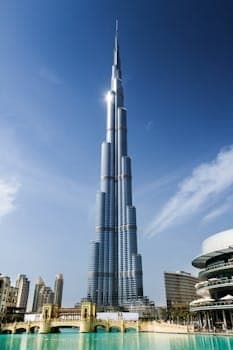 Stunning daytime view of Burj Khalifa against a clear blue sky in Dubai.