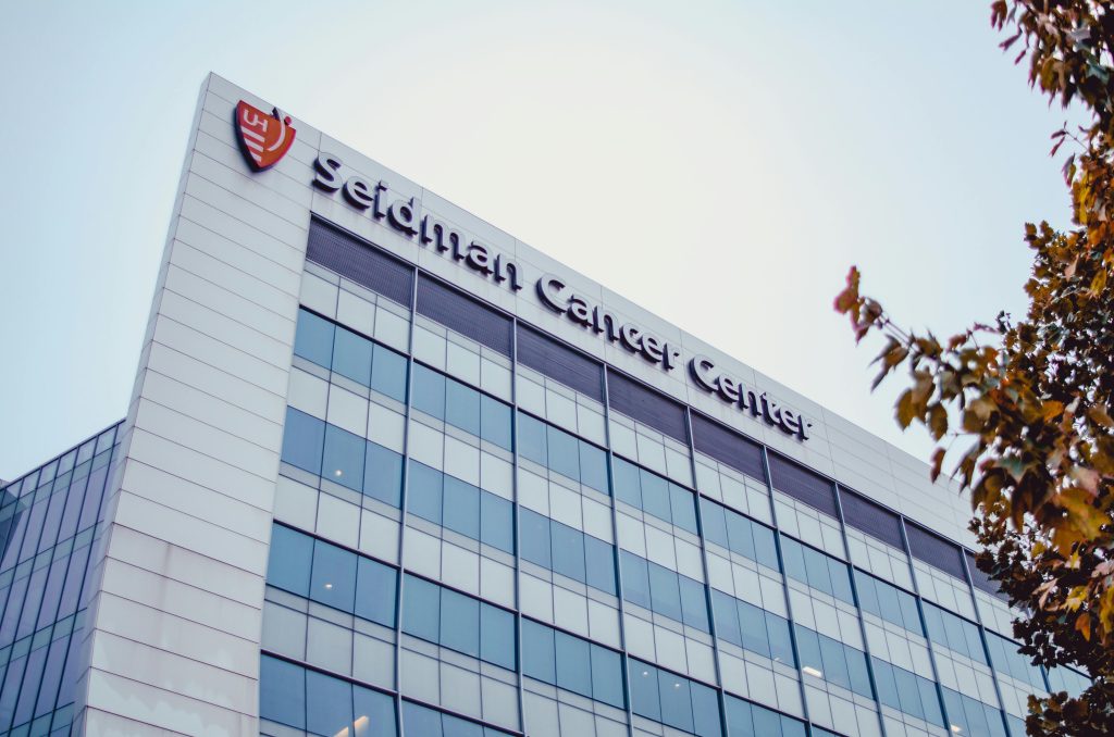 Modern facade of Seidman Cancer Center in Cleveland, showcasing sleek architectural design.