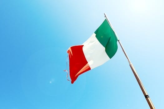 Vivid image of the Italian flag waving on a flagpole against a bright blue sky.